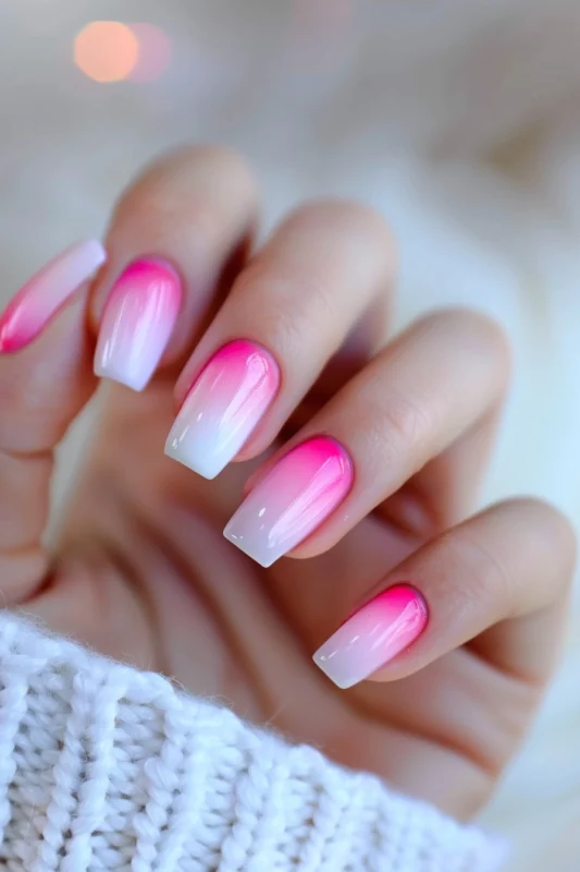 Square-shaped ombre nails from pink to white.