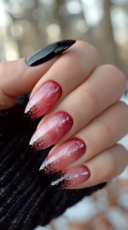 Stiletto nails with pink to black gradient and glitter tips.