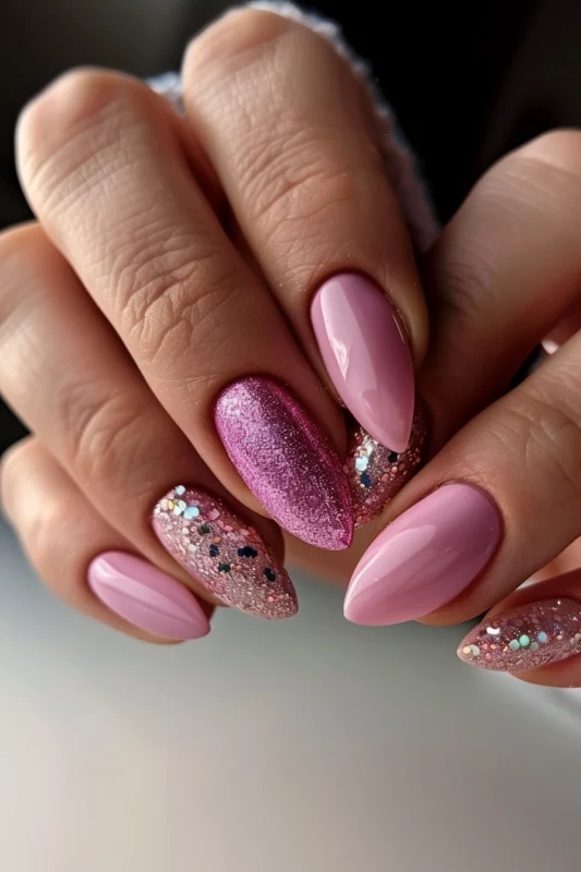 Pink nails with glitter accent nails.