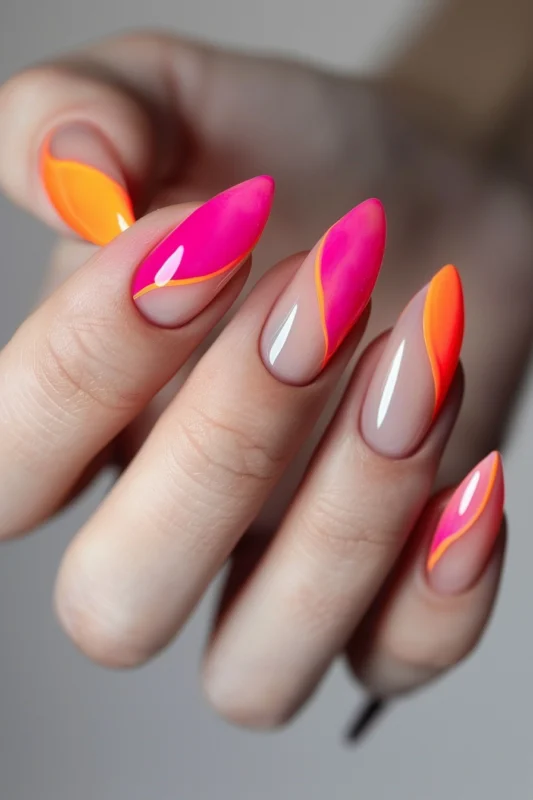 Almond-shaped nails with pink and orange French tips.