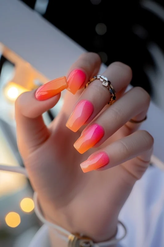 Coffin-shaped nails with pink and orange gradient ombre.