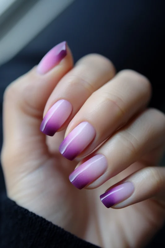 Square nails with a pink to purple ombre effect.