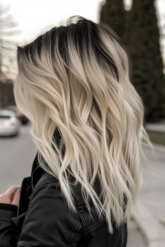 Woman with black and platinum ombre hair.