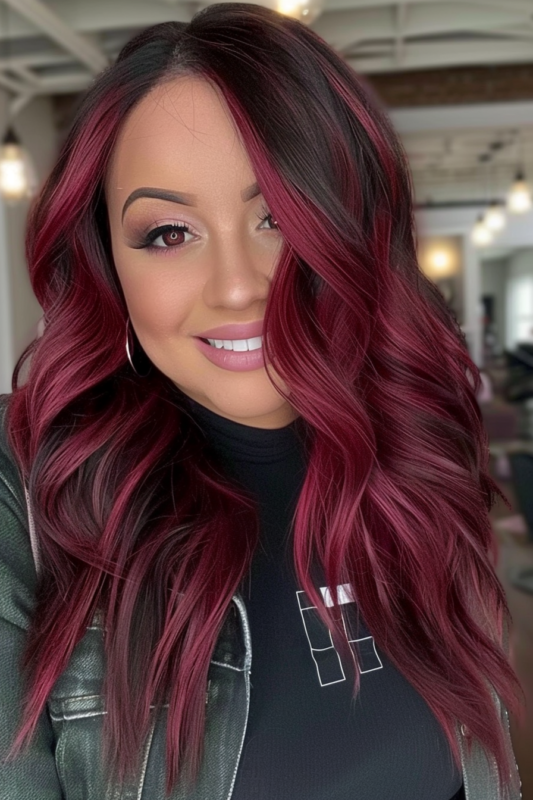 Woman with long hair featuring a black and ruby red balayage blend.
