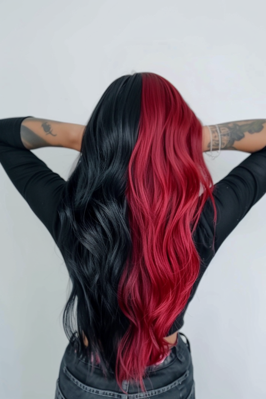 Woman with long hair featuring a black and fire engine red split dye.