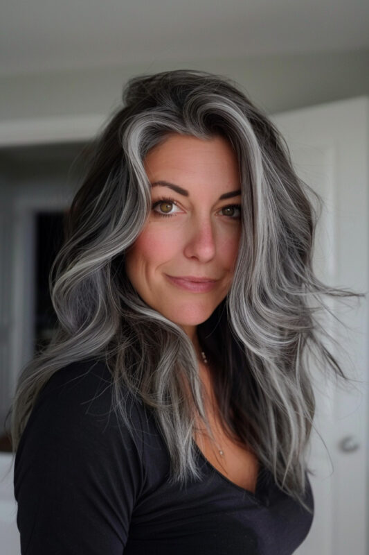 Woman with voluminous salt and pepper hair in waves.