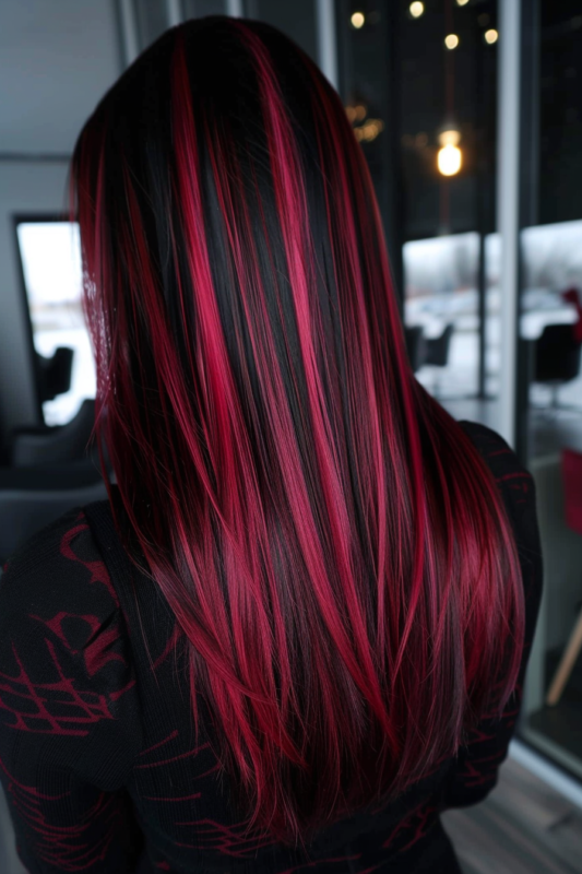 Woman with black hair featuring bright scarlet highlights.