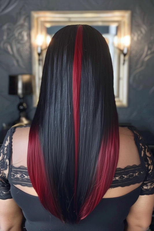 Back view of long black hair with subtle red highlights on the side and a red streak in the middle.