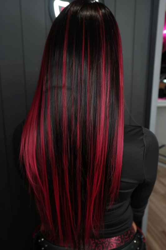 Woman with long black hair and candy apple red highlights.