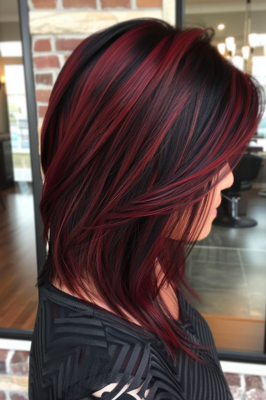 Woman with black hair featuring dark cherry red highlights.