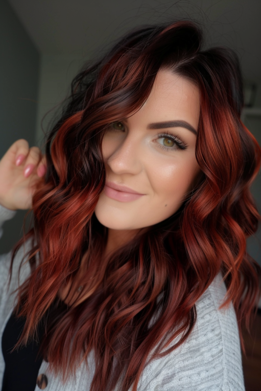 Woman with black hair featuring warm ginger balayage highlights.