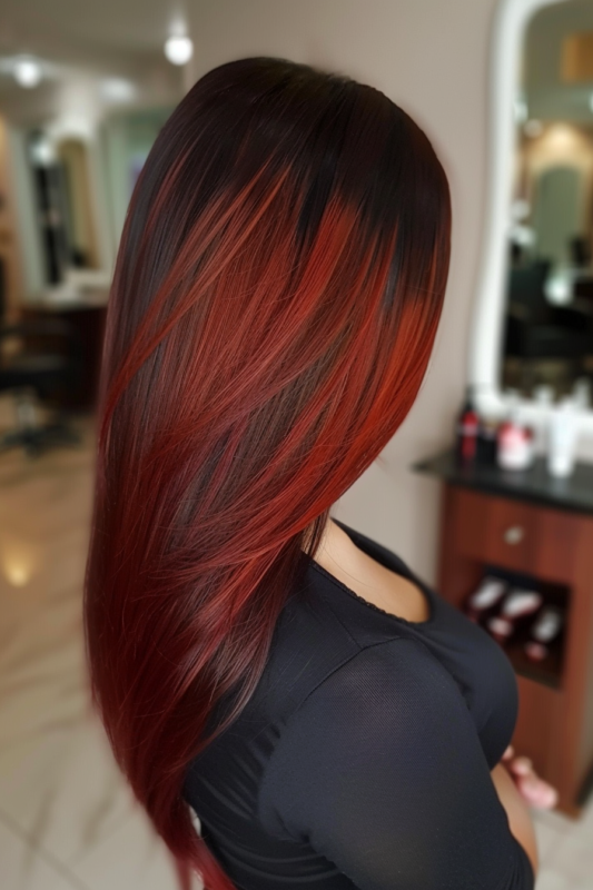 Side view of long, straight black hair with a ginger red ombre effect.