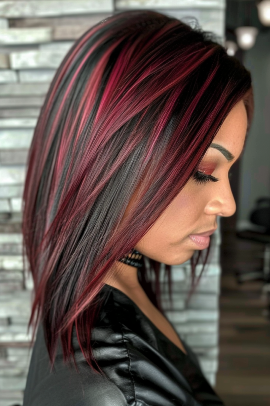 Woman with black hair featuring vibrant ruby red highlights.