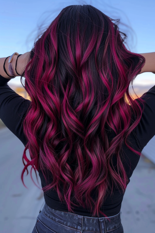 Back view of black hair with vivid magenta highlights, styled in voluminous waves.