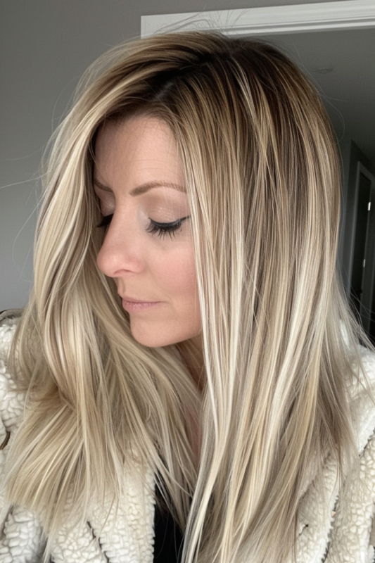 Woman with blonde highlights and a shadow root.