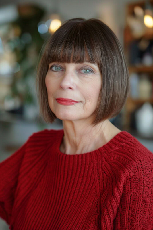 Picture of an older woman with a blunt bob haircut with full fringe.