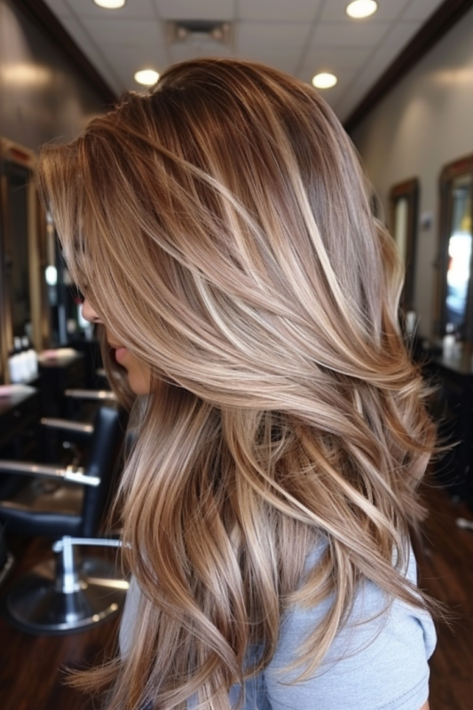 Side profile of a woman with wavy brown hair and blonde highlights.
