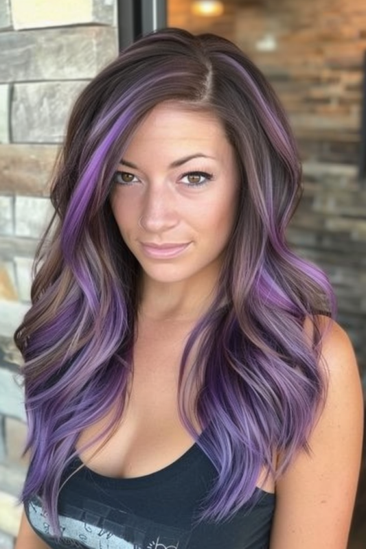 Woman with brown hair and striking purple highlights.