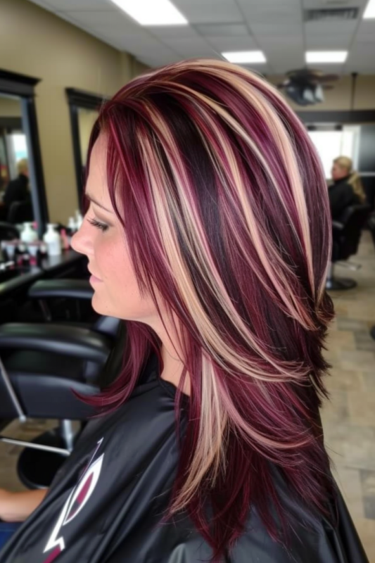 Side profile of woman with burgundy hair and blonde highlights.