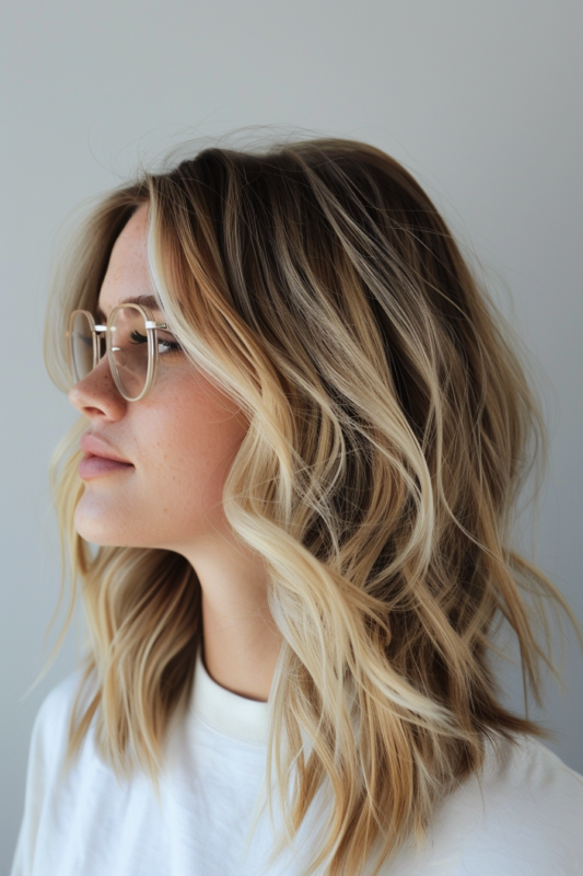 Woman with butter blonde balayage, featuring a natural gradient.