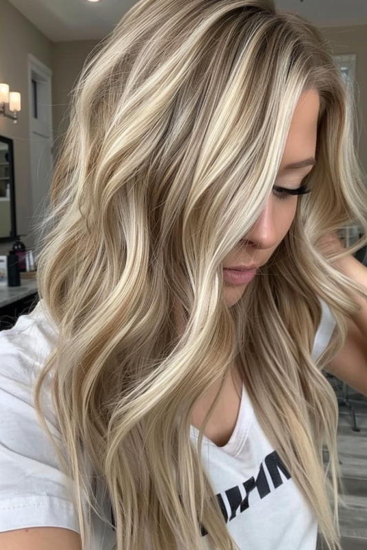 Woman with butter blonde highlights.