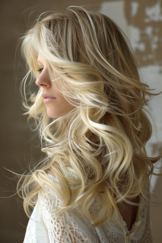 Woman with buttery blonde hair color.
