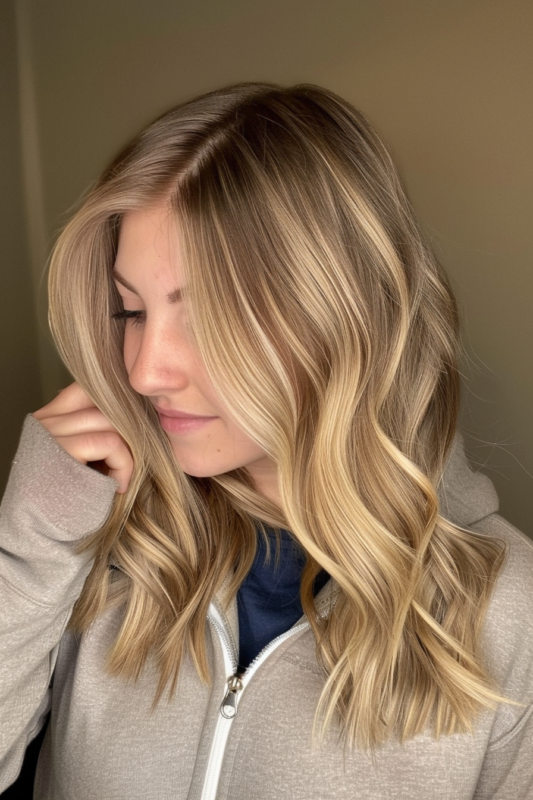 Woman with buttery blonde highlights.