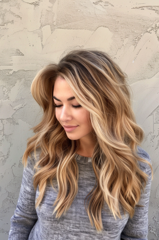 Woman with caramel and honey blonde highlights in wavy hair.