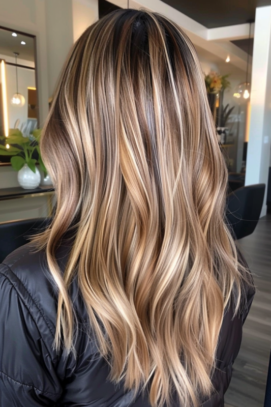 Back view of caramel light brown hair with blonde highlights.