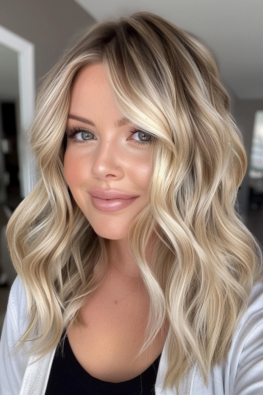 Woman with champagne blonde balayage, blending darker roots into lighter ends.