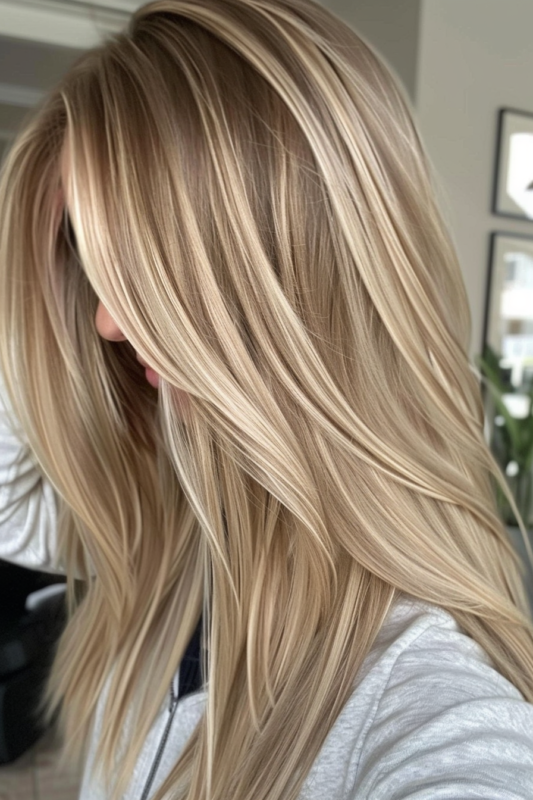 Woman with champagne blonde highlights.