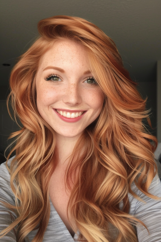 Smiling woman with copper hair and blonde highlights.