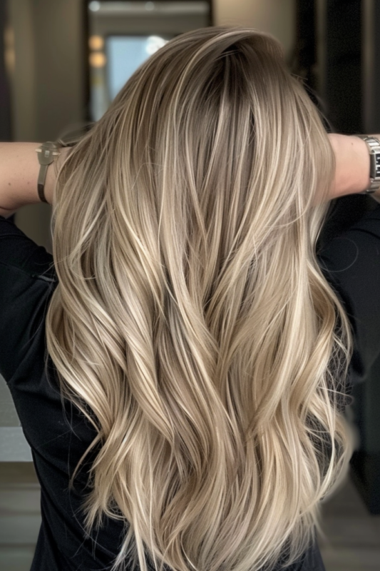 Woman with creamy blonde highlights.