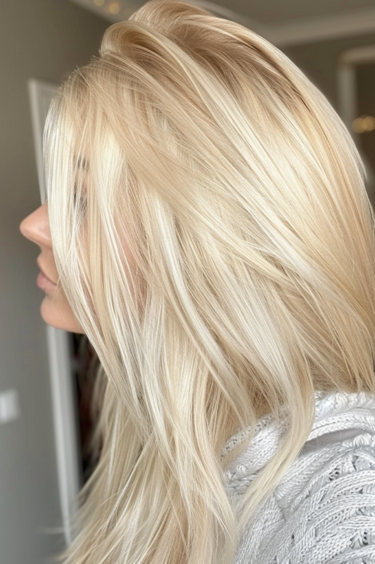 Woman with creamy platinum blonde hair.