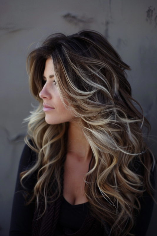 Woman with dark hair and blonde highlights in voluminous waves.