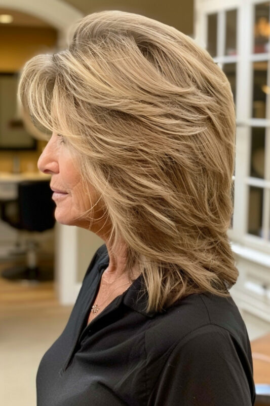 Picture of an older woman with voluminous feathered layers haircut.