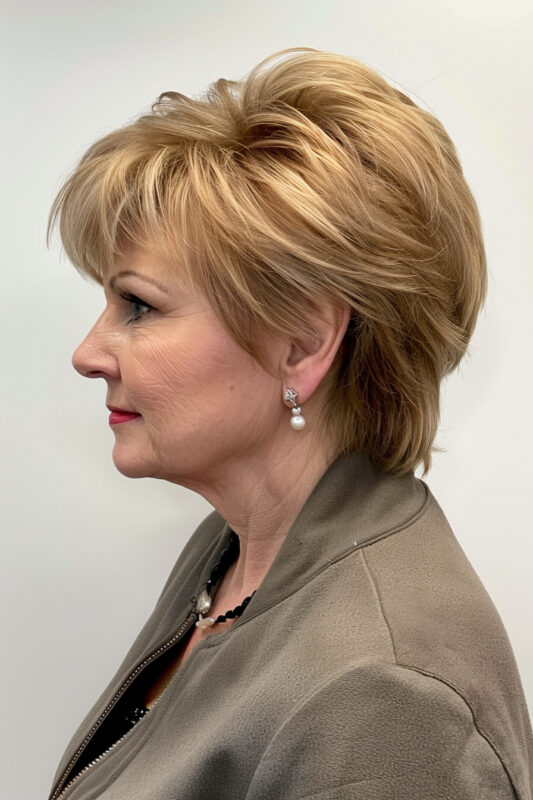 Picture of an older woman with a short feathered bob haircut.