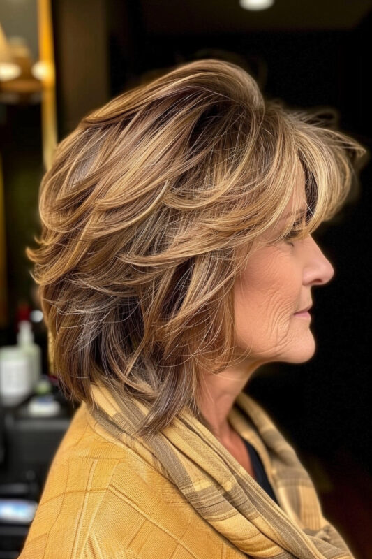 Picture of an older woman with a classic feathered layers haircut.