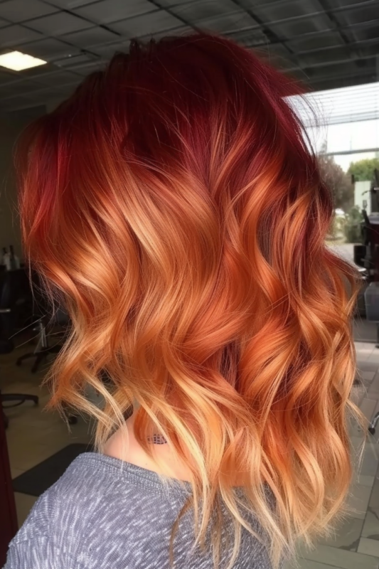 Woman with fiery red hair with blonde highlights in an ombre effect.