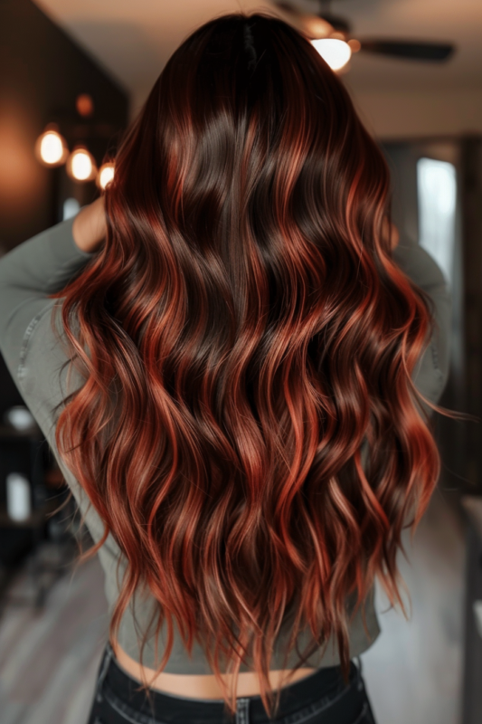 Woman with brown hair and ginger balayage.