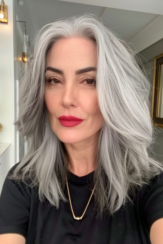 Woman with shoulder-length grey salt and pepper hair in waves.