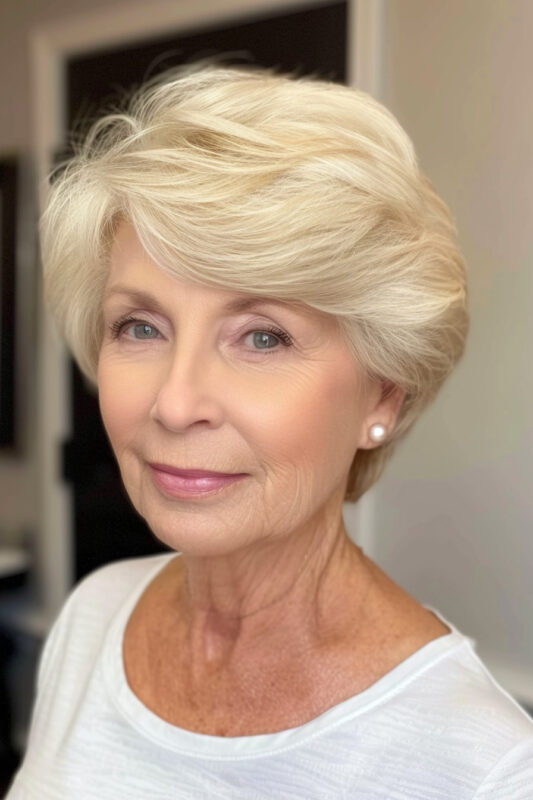 Picture of an older woman with a elegant grown out pixie  haircut.