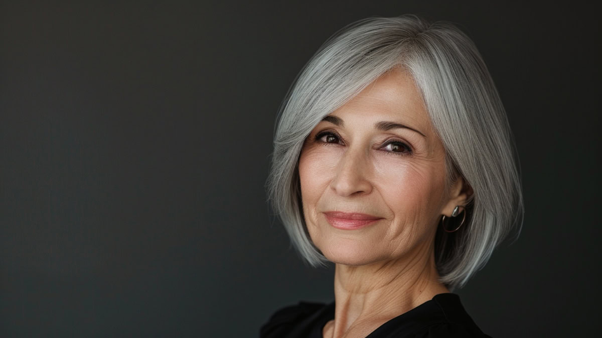 Picture of an older woman with a beautiful gray bob haircut.