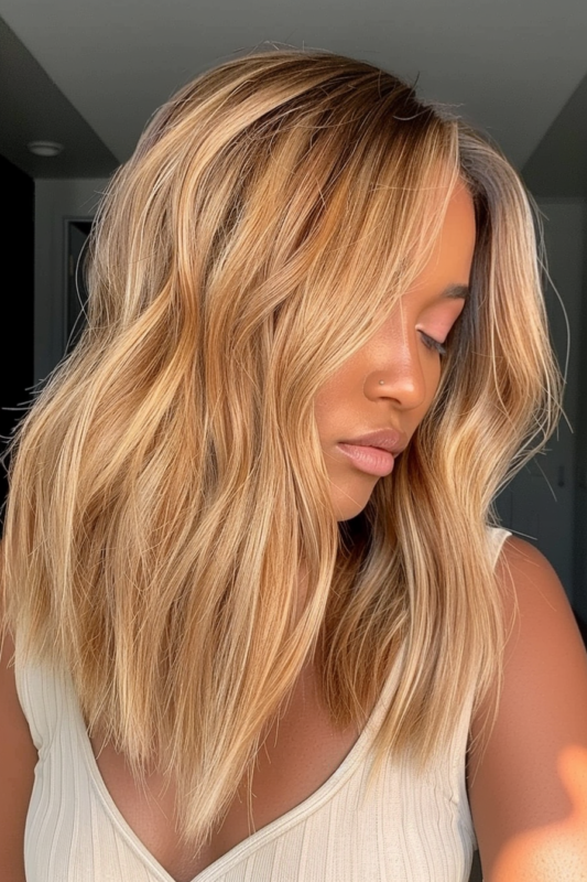 Woman with honey blonde hair and highlights.