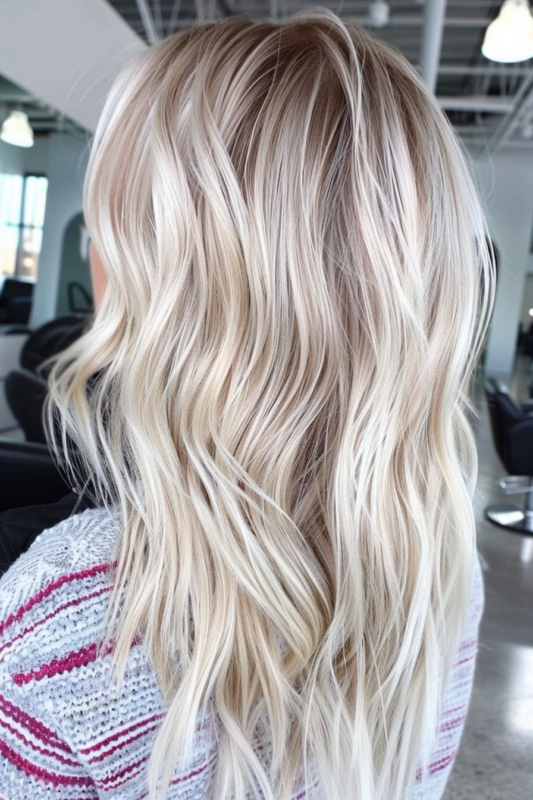 Woman with ice blonde highlights, providing a cool, frosty effect.