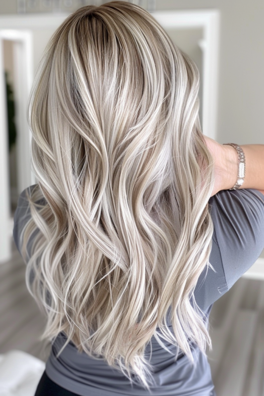 Woman with long hair with icy platinum blonde highlights.