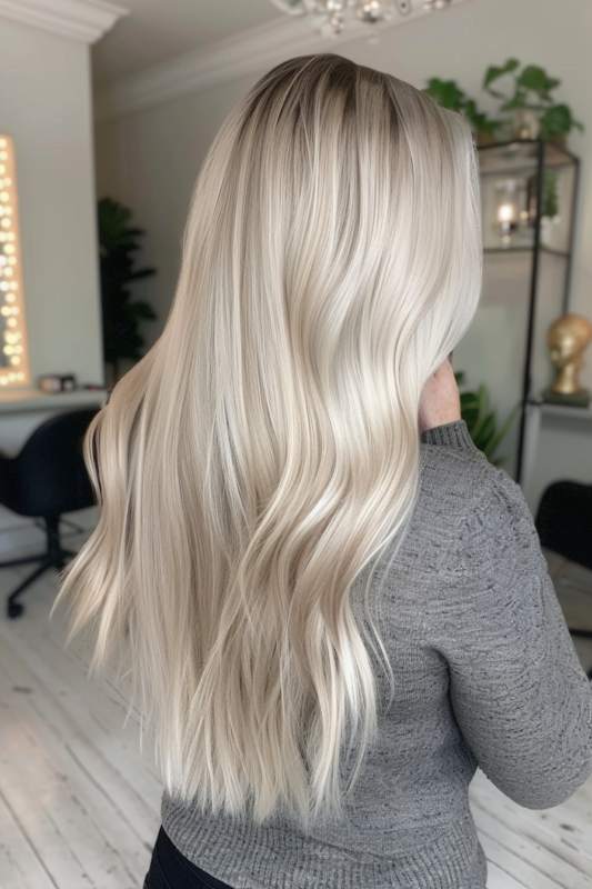 Woman with icy platinum blonde hair and a shadow root.