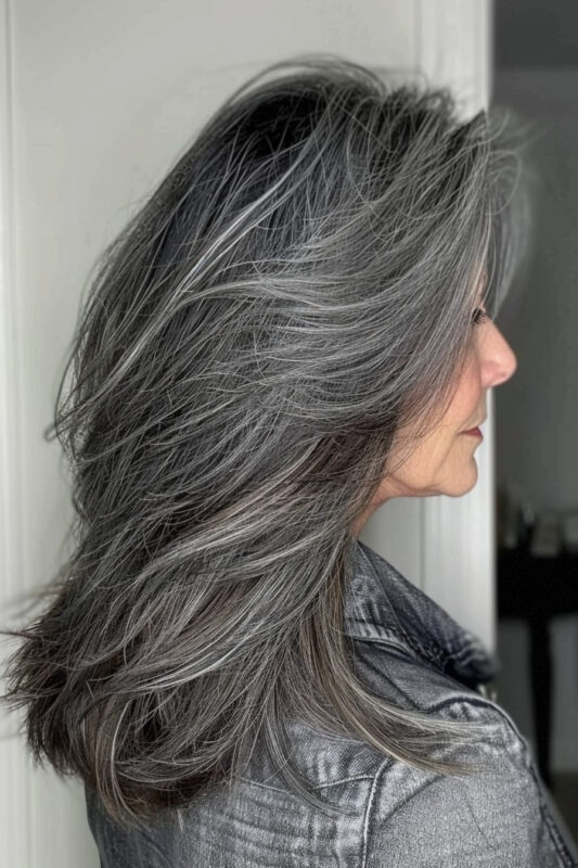 Picture of an older woman with long salt and pepper layered haircut.