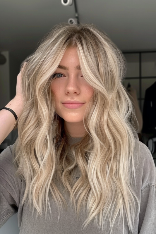 Woman with light blonde hair balayage, featuring a natural gradient effect.