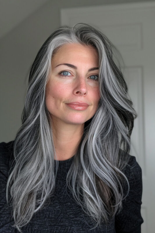 Woman with long, sleek salt and pepper hair, uniformly blending dark and gray tones.